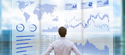 Person using futuristic HUD interface, KPI and BI, technology, data