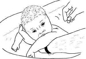 drawing of how to hold a baby being bathed