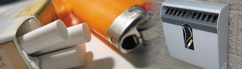 cigarettes and a lighter and cigarette butt container